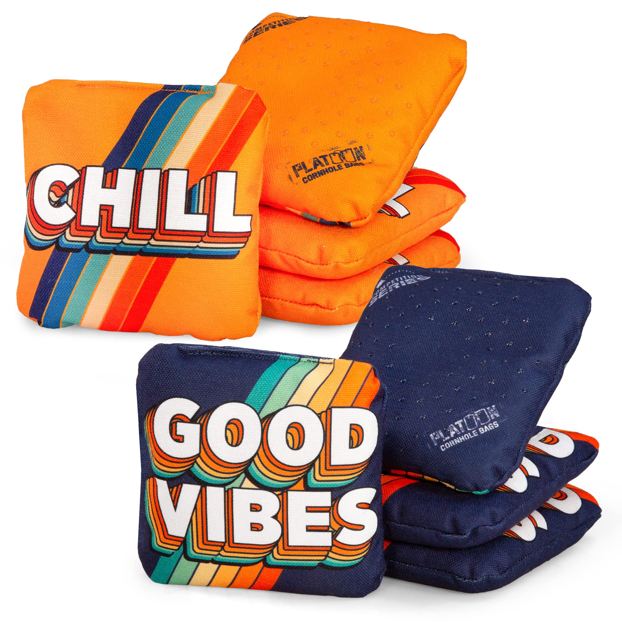 Play Platoon Competition Cornhole - Set di 8 sacchetti per fagioli a doppia faccia e appiccicosi per difesa a pois Pro per mais, in resina composita, con motivo "Good Vibes & Chill"