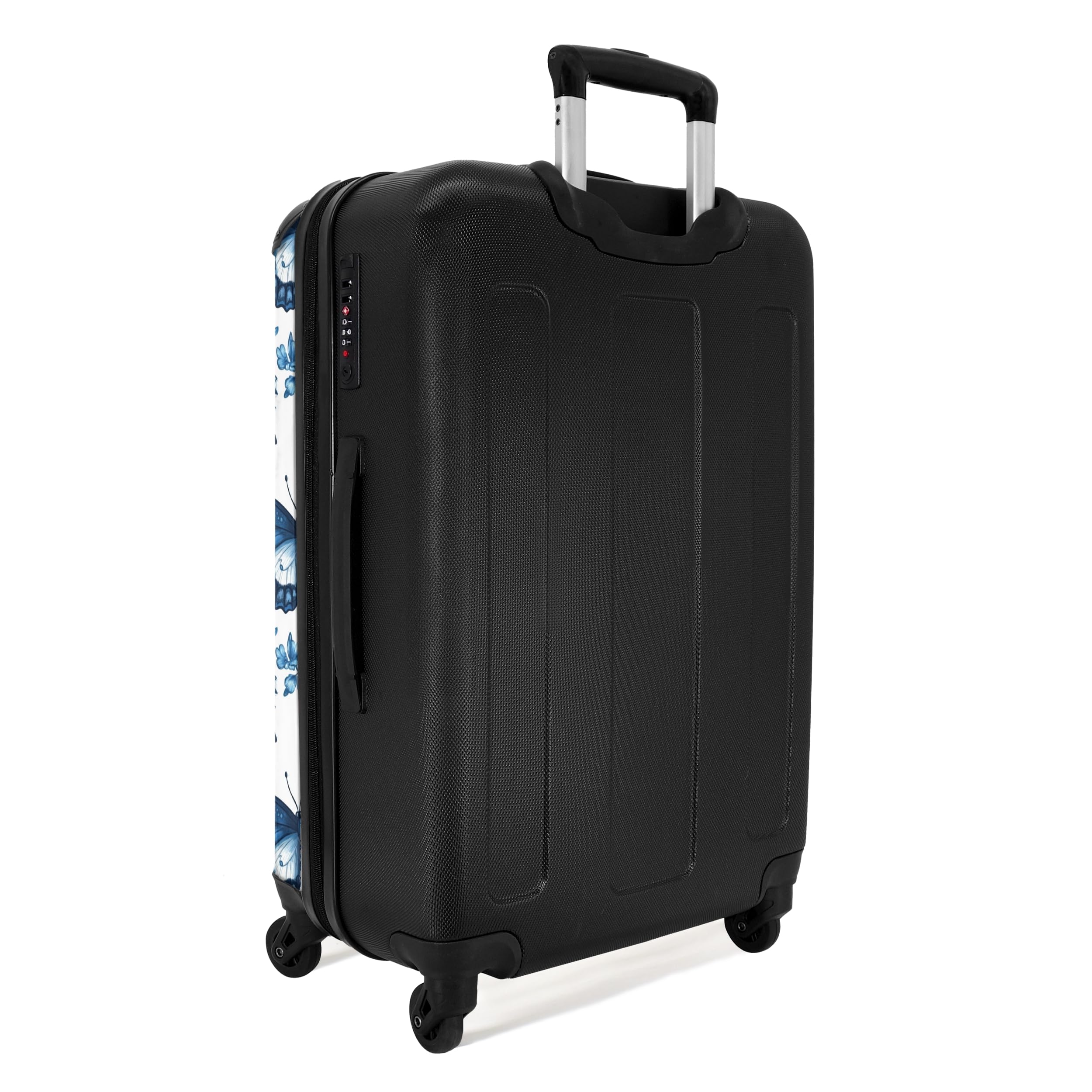 NoBoringSuitcases.com® Koffer Mittelgroß 67x43x25 cm Hartschalenkoffer L Trolley Rollkoffer 4 Rollen Leicht Hartschale Mittel Groß Blau - Schmetterlinge - Blumen - Weiß