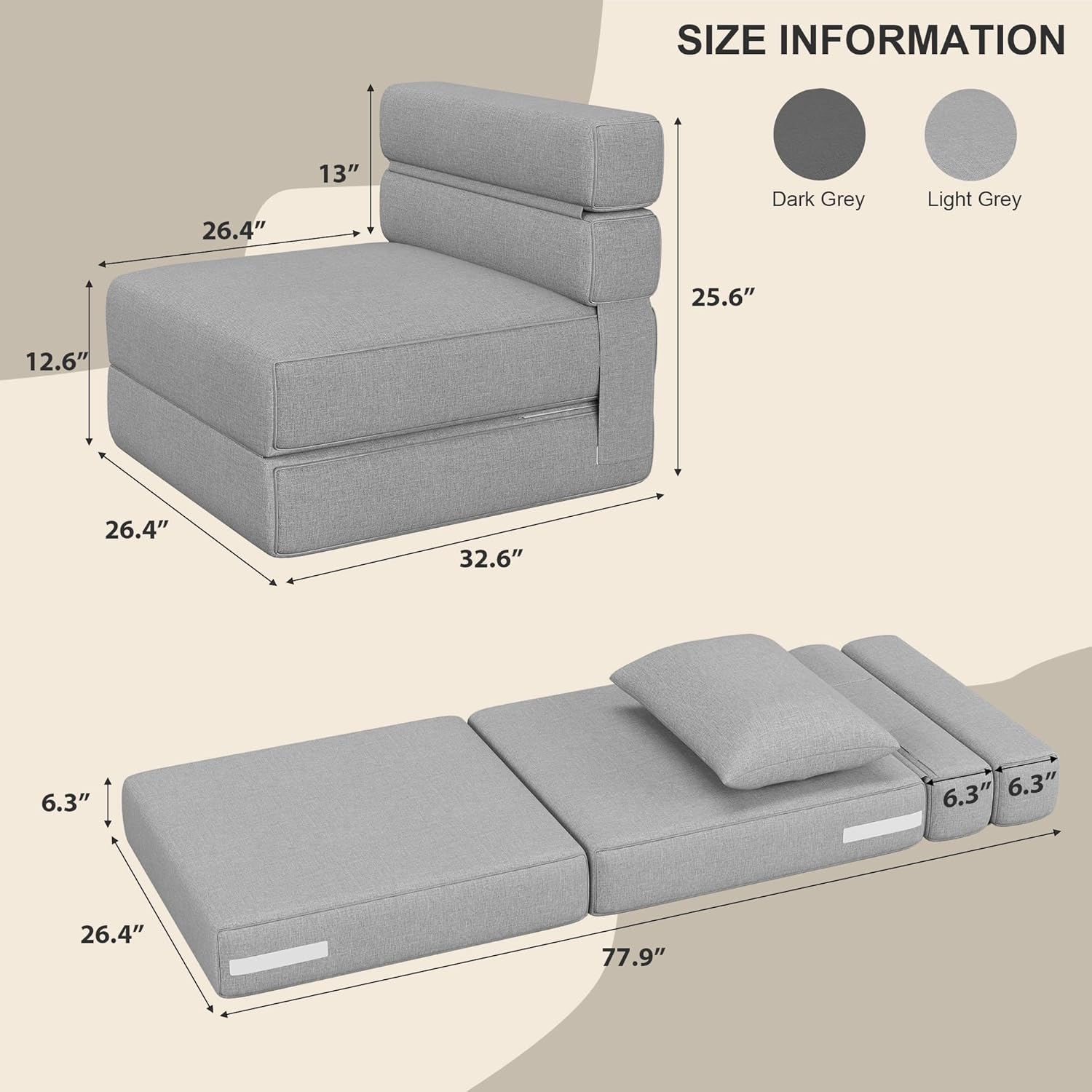 Folding Sofa Bed - Convertible Sleeper Chair with Upgraded Pillow, Modern Comfortable Sleeper Couch Linen Fabric, Foldable Memory Foam Sleepers Comfy Floor Sofa for Living Room Bedroom, Single