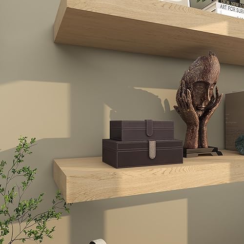 Miniatura 9 de Deco 79 Caja decorativa de cuero hecha a mano con cierre frontal a presión y costuras detalladas, juego de 2 cajas de almacenamiento de 10 pulgadas,