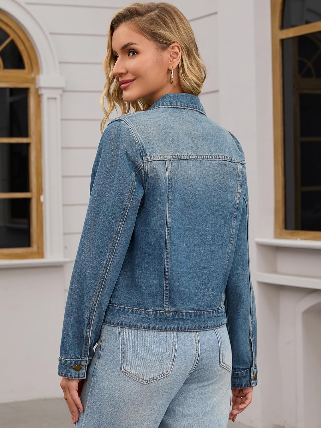 Womens Classic Jean Jacket 2026 Spring Washed Long Sleeve Denim Jackets with Pockets - Image 4