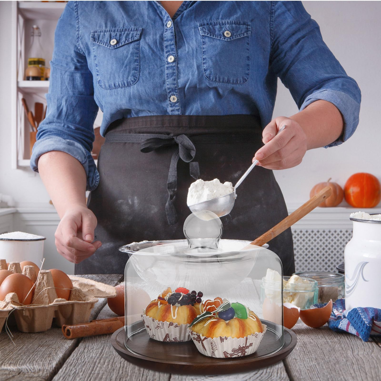 ABOOFAN Cúpula de Pastel con Plato de Madera y Cubierta de Vidrio Transparente, Diseño Elegante, Uso Versátil y Portátil para Exhibición de Postres en Fiestas