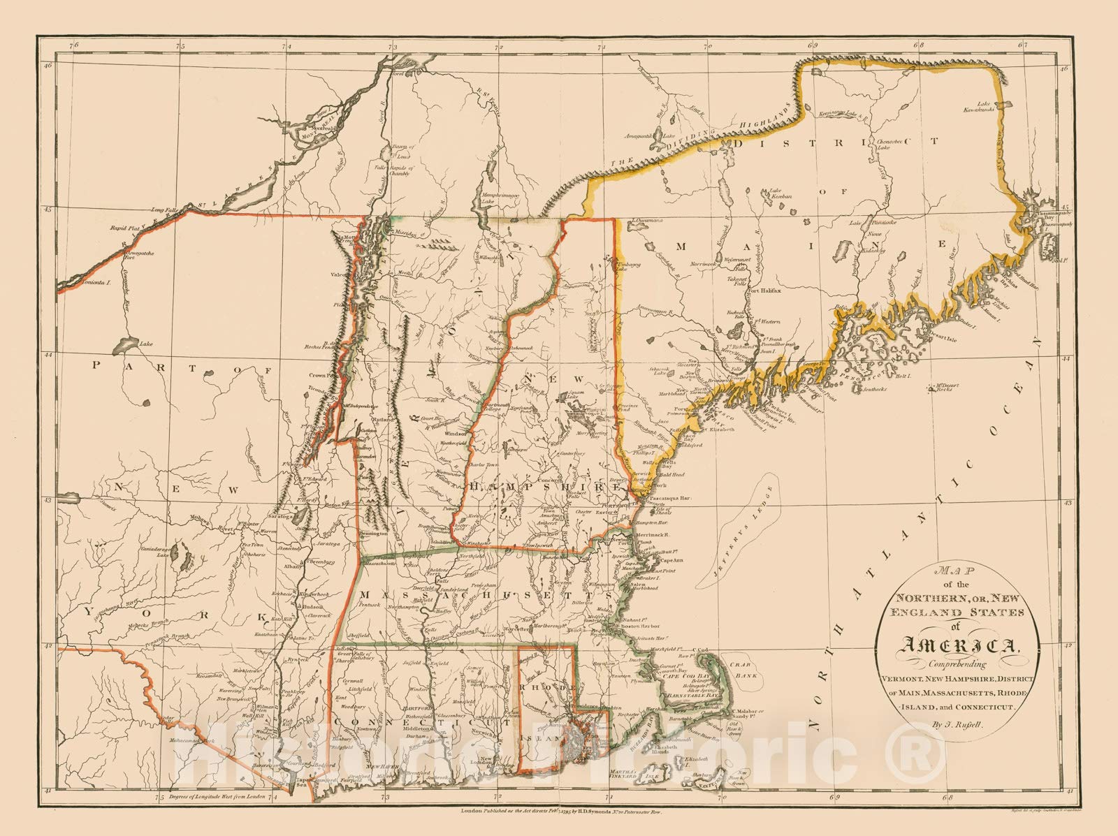 Amazon.co.jp: 歴史的な地図、1795年ニューイングランド州、バーモント 古地図（New Hampshire）