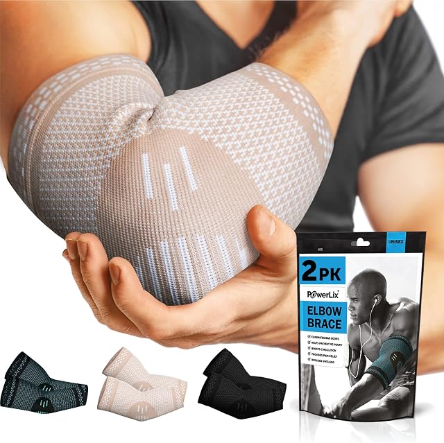 POWERLIX Elbow Support for Men/Women/Kids, 2 Pack Elbow Brace Compression Arm Support for Tendonitis, Tennis Elbow, Golfers Elbow, Support Sleeves for Sports Protection and Pain Relief, Beige, Small