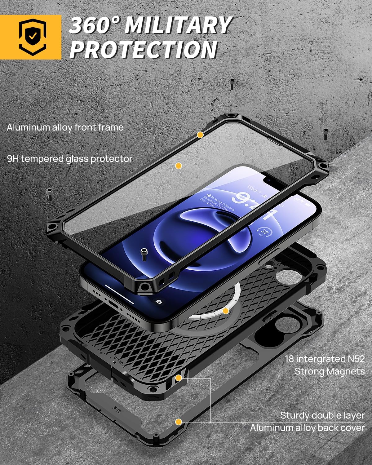 Lanhiem for iPhone 16e Metal Case with Camera Cover & Stand [Compatible with MagSafe] [Built-in Kickstand] [Military-Grade Protection] Heavy Duty Rugged Magnetic Phone Case, Black - Image 4