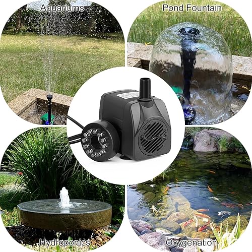Miniatura 6 de Bomba sumergible de fuente de estanque de 256 GPH con luz LED, bomba de agua de 15 W y 7.2 pies, bomba de acuario con 3 boquillas, bomba de fuente