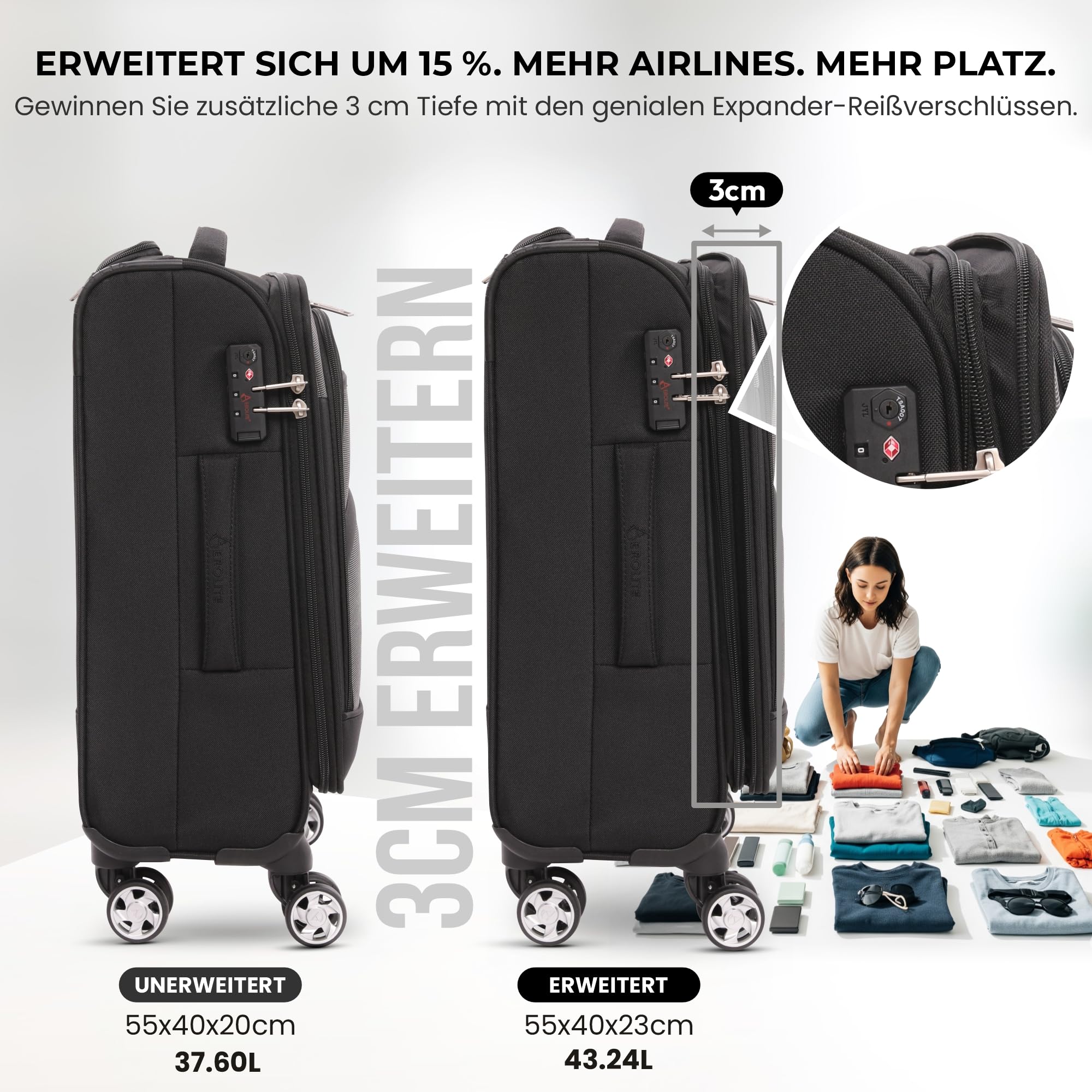 Aerolite Erweiterbar 55x40x20 bis 55x40x23 Handgepäck Koffer, 4 Rollen