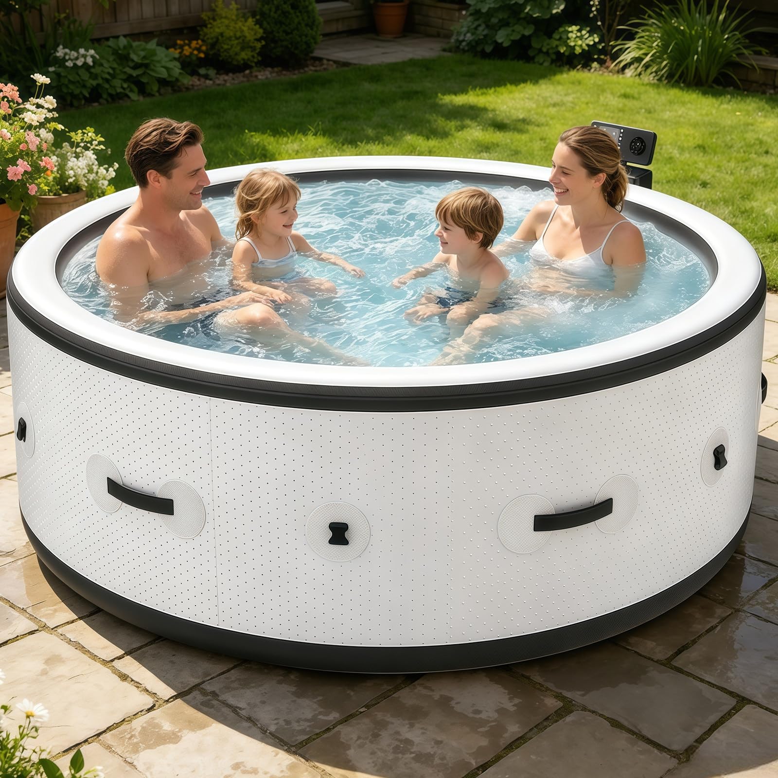 BANGBANGJI Spa Gonflable Portable, Ensemble Massage à Bulles 206cm, pour 4-6 Personnes, Rond 206 x 71cm, Chauffage Rapide 104°F, avec 150 Bulles d'air pour Terrasse Jardin Extérieur