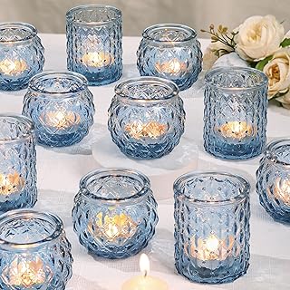 Blue Glass Votive Candle Holders Set of 24 - Round Tea Lights for Weddin...