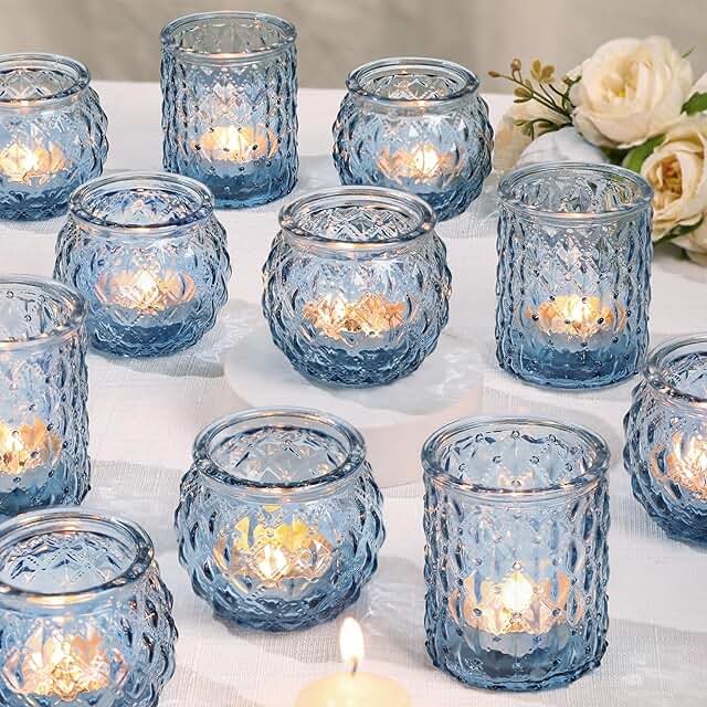 25 Blue Candle Holder Decor Ideas That Feel Calm and Chic 6 DARJEN Blue Glass Votive Candle Holders Set of 24 - Round Tea Lights for...
