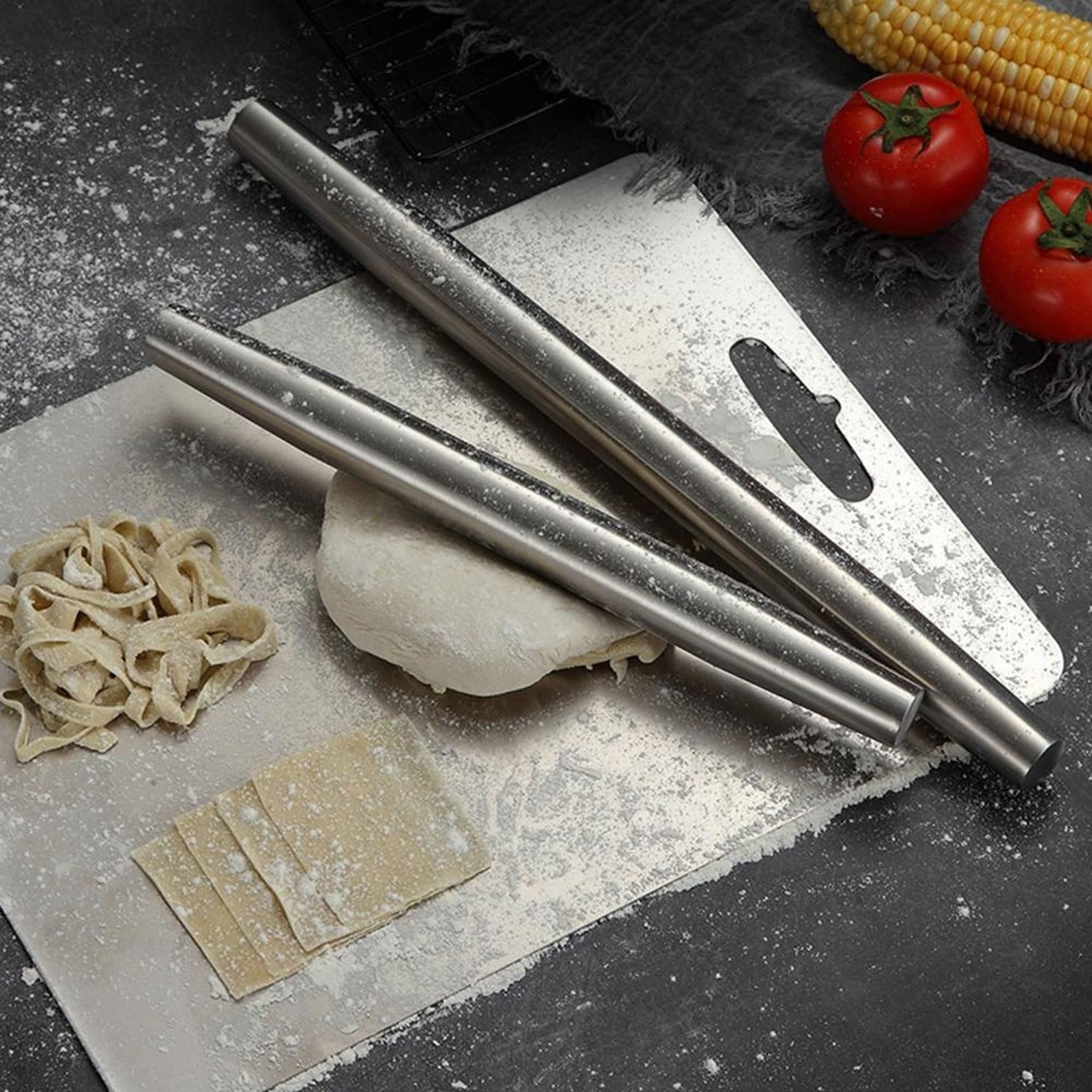 Rodillo de amasar Reutilizable de Grado alimenticio, no pegajoso, Acero Inoxidable Pulido, Superficie Lisa, Rodillo de Cocina para amasar(Mediano)