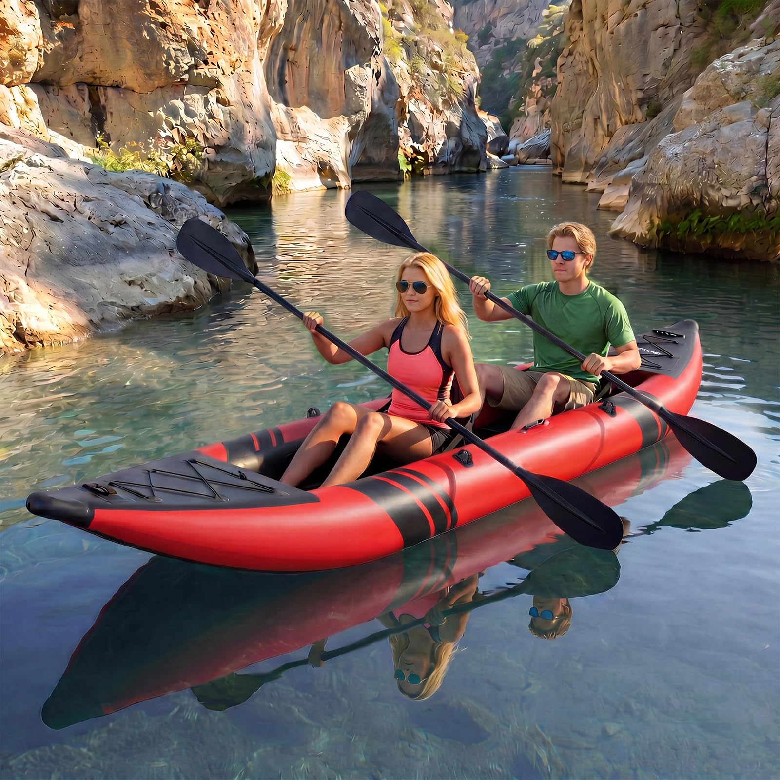 GYMAX Kayak Inflable, Kayak tándem de 12.5 pies y 230 kg con 2 paletas de Aluminio, 2 Asientos Acolchados, reposapiés, 2 Aletas, Bomba de Mano, Bolsa de Transporte y Kit de reparación, Kayak de Pesca