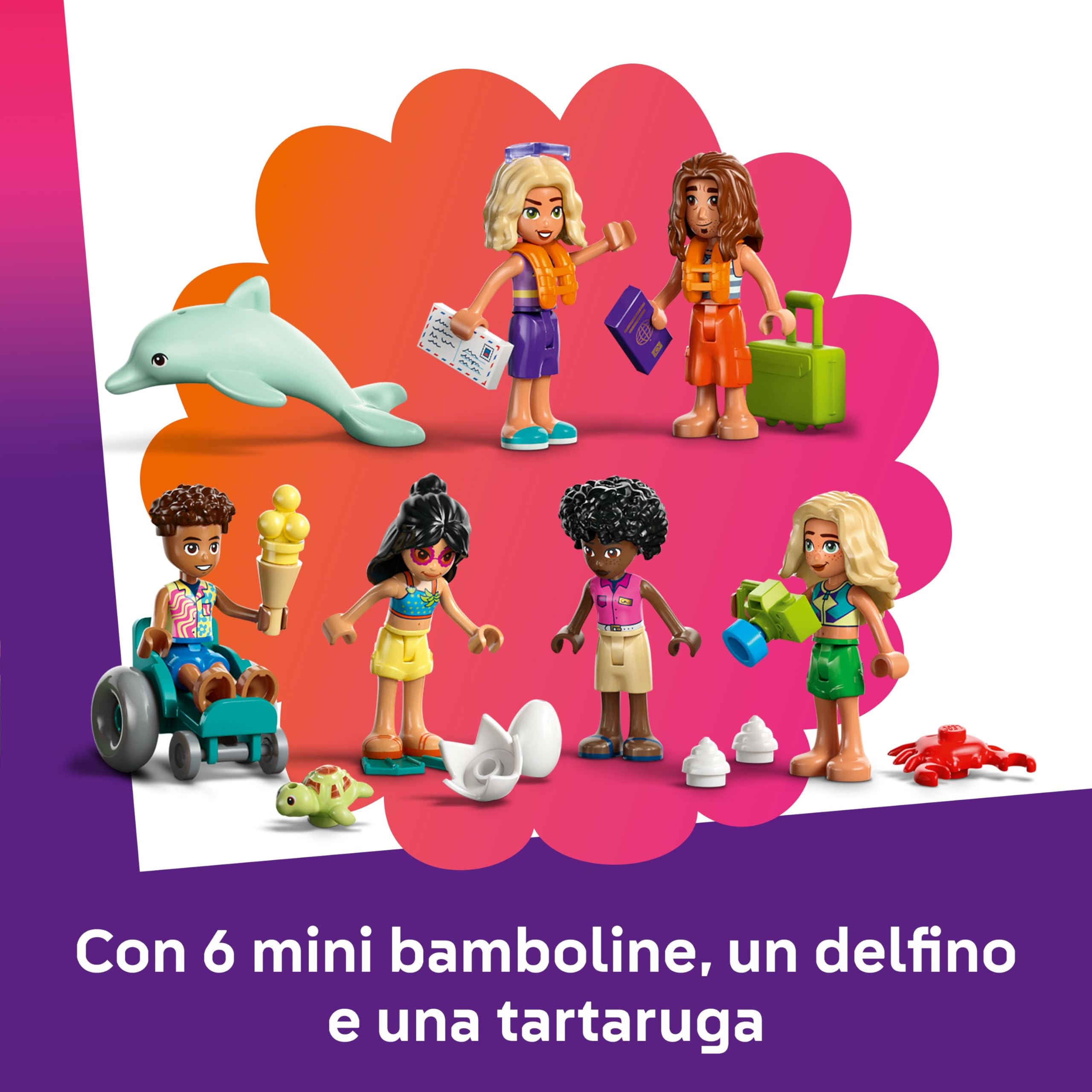 LEGO Friends Vacanza al Beach Resort - Gioco con 6 Mini Bamboline, Animali Giocattolo come Tartaruga e Delfino, Chiosco dei Gelati e Accessori - Regalo di Compleanno per Bambine da 8 Anni - 42673