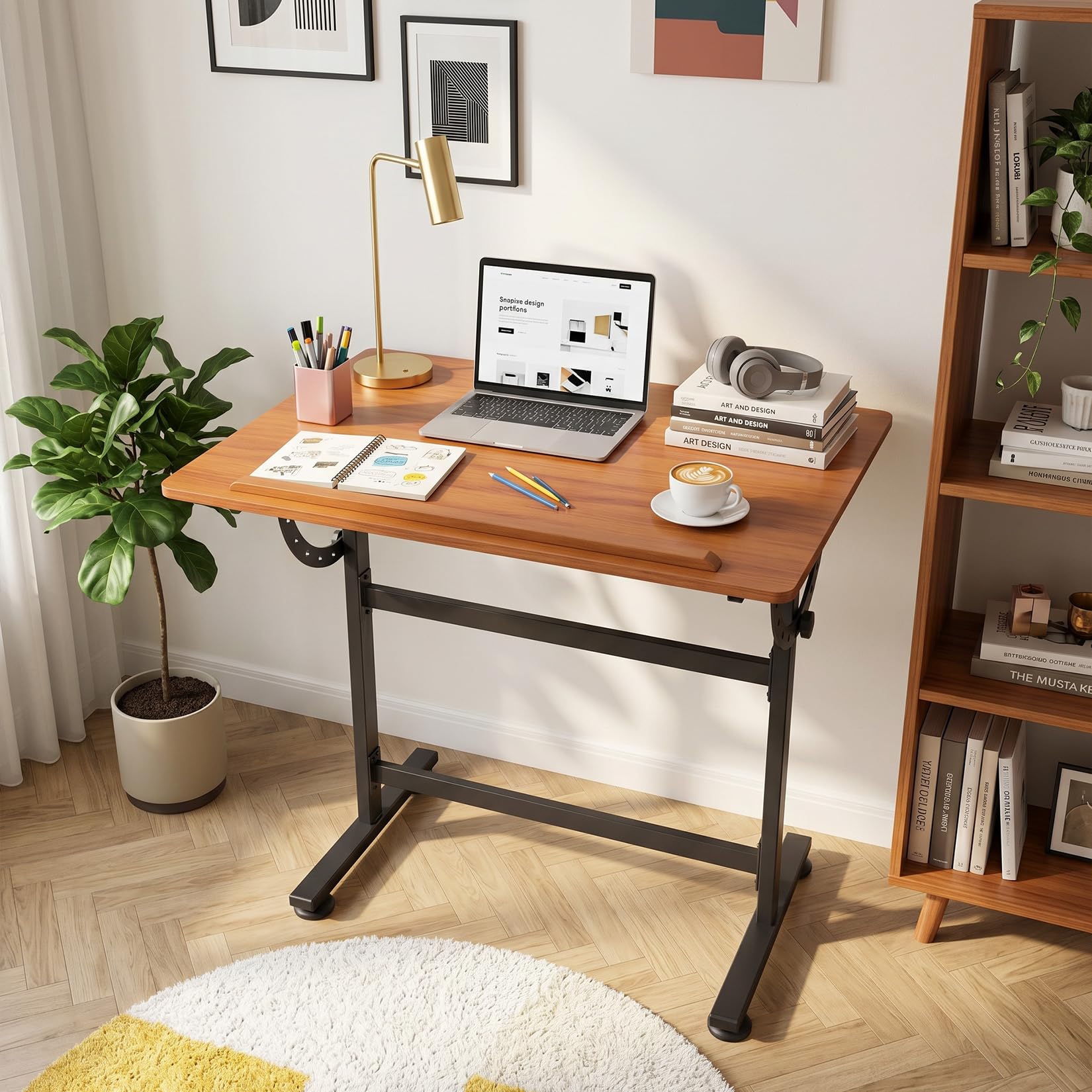 Table à Dessin Inclinable 0°-90° avec Acier Bois, Bureau à Dessin Inclinable avec Finition Noyer, Grand Plateau Antidérapant, Convient pour un Bureau à Domicile, un Studio ou un Usage Professionnel