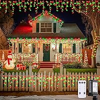 Vista 22 de JMEXSUSS 400 luces LED de Navidad de carámbano de 38.8 pies con control remoto, tira de luces multicolor para exteriores enchufables, 8 modos