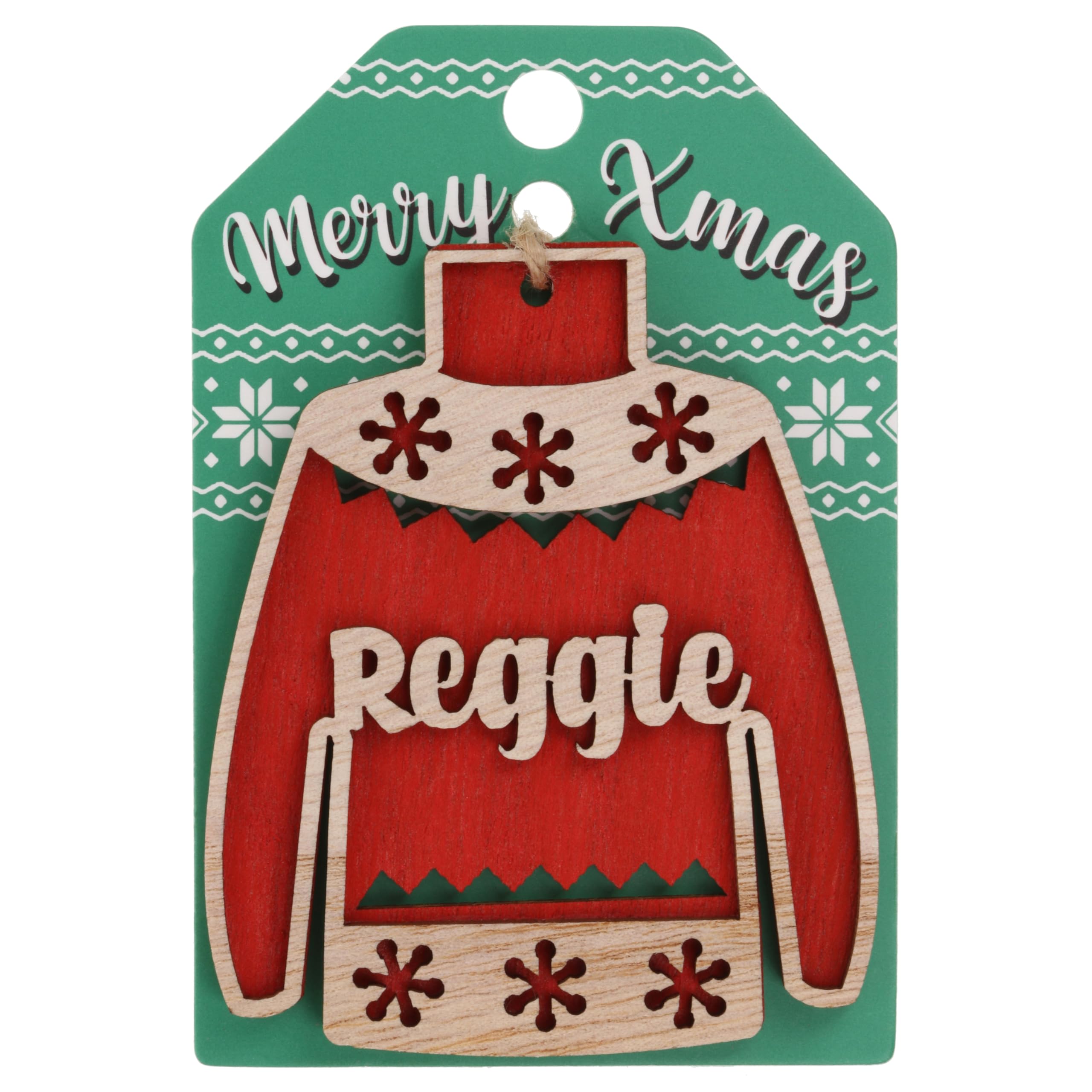 Reggie Name Christmas Jumper Wooden Tree Decoration Personalised Bauble Xmas Red