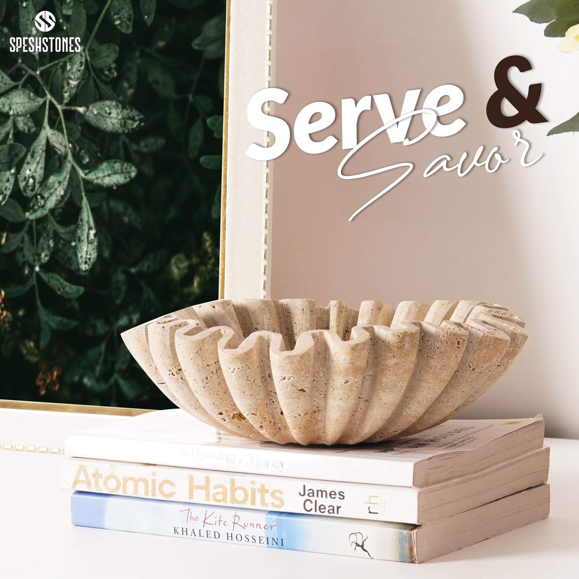 SPESHSTONES Cuenco de mármol con volantes de 8 pulgadas, hecho a mano, para encimera de cocina, cuencos festoneados decorativos grandes para comedor, centros de mesa de café y decoración del hogar