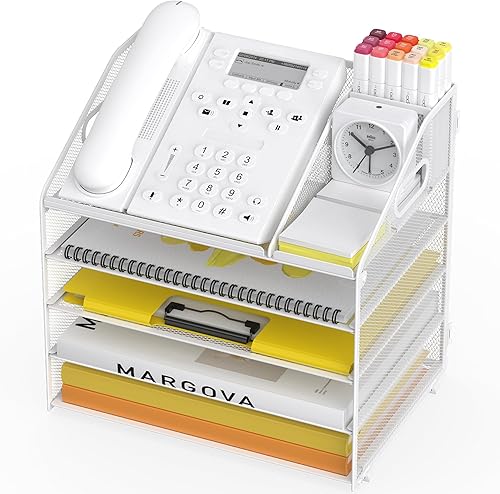 Vista 8 de Bandeja de papel para cartas, organizador de escritorio de 4 niveles con soporte para bolígrafo y asa, organizador de archivos de malla, 4 niveles