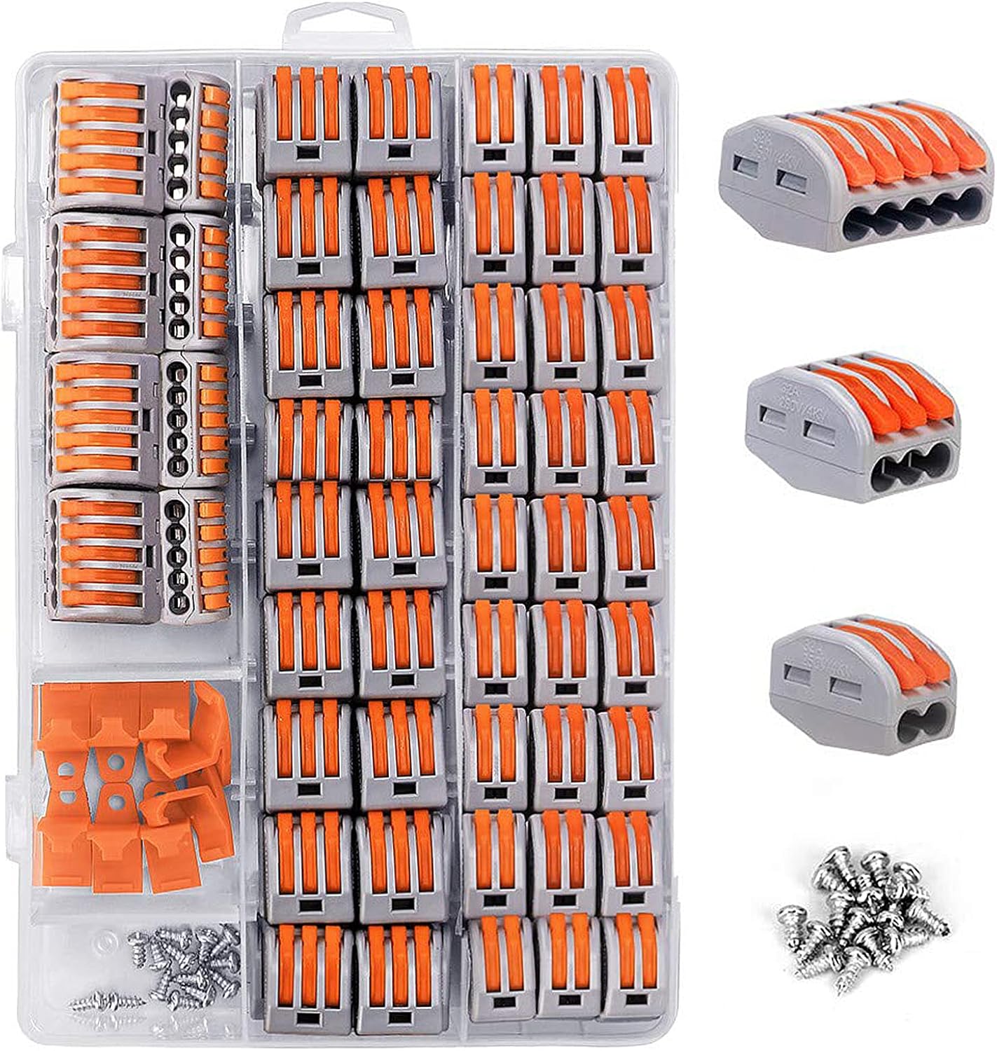 120PCS Lever Wire Nut Connectors, 2 3 5 Port Electrical Connectors Assortment Kit for Quick Connect 28-12 AWG, Compact Splicing Connectors with Mounting Clips and Screws