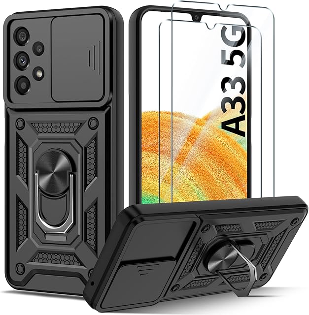Guisessy Case for Samsung Galaxy A33 5G Case with Ring Kickstand and 2 Tempered Glass Screen Protector, Slide Camera Full Body Protective Heavy Duty Shockproof Silicone Tough Hard Armour A33 Cover