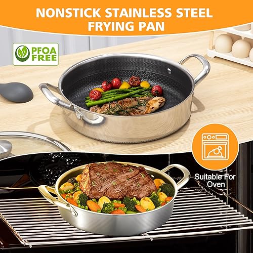 Miniatura 5 de Sartén de Acero Inoxidable de 7QT para Saltear de 14 Pulgadas con Tapa, Sartén Profunda Antiadherente, Sartén de Cocina de Inducción Híbrida,