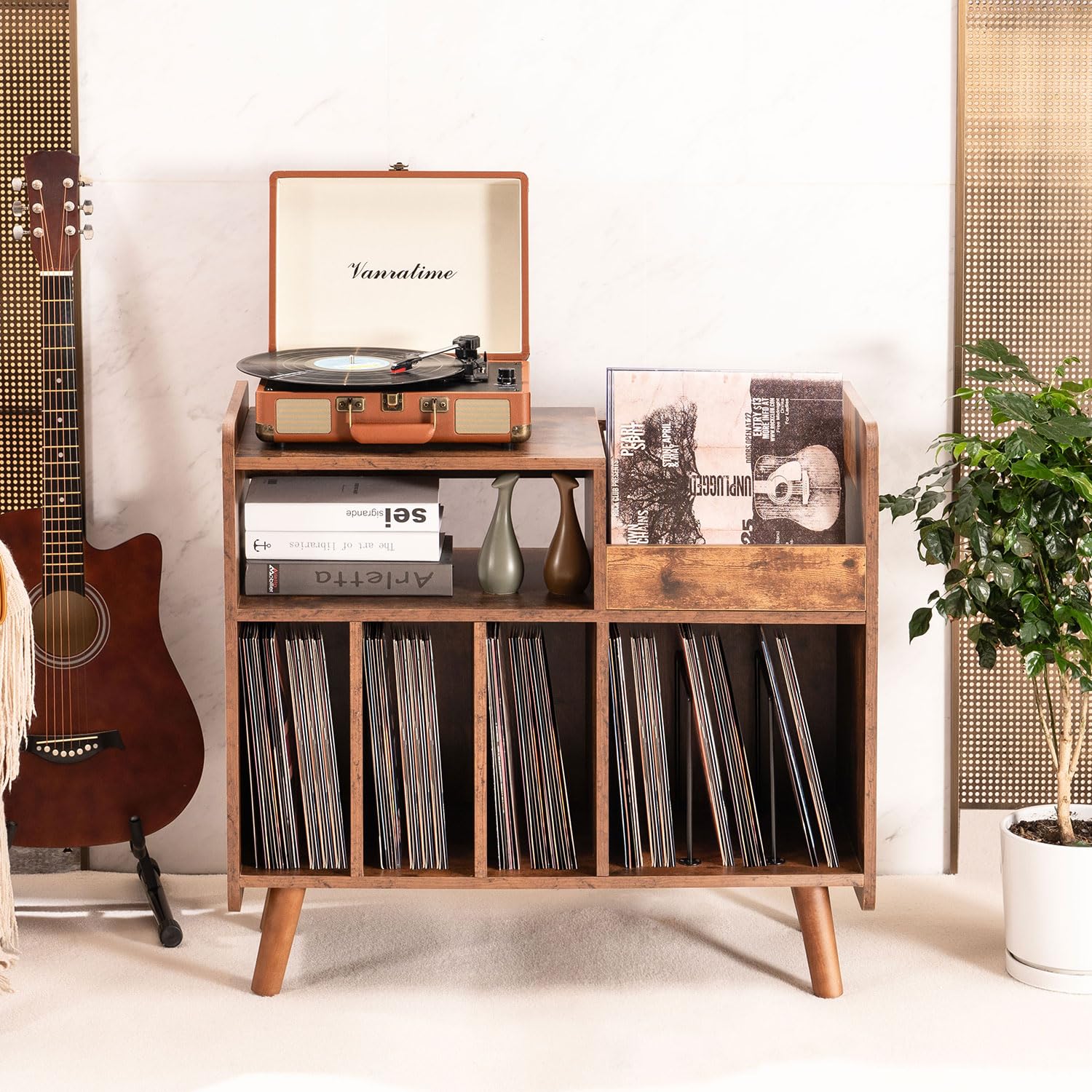 Table de tourne-disque du milieu du siècle avec rangement en vinyle pour jusqu'à 350 albums, armoire pour disques vinyles avec étagères réglables, marron