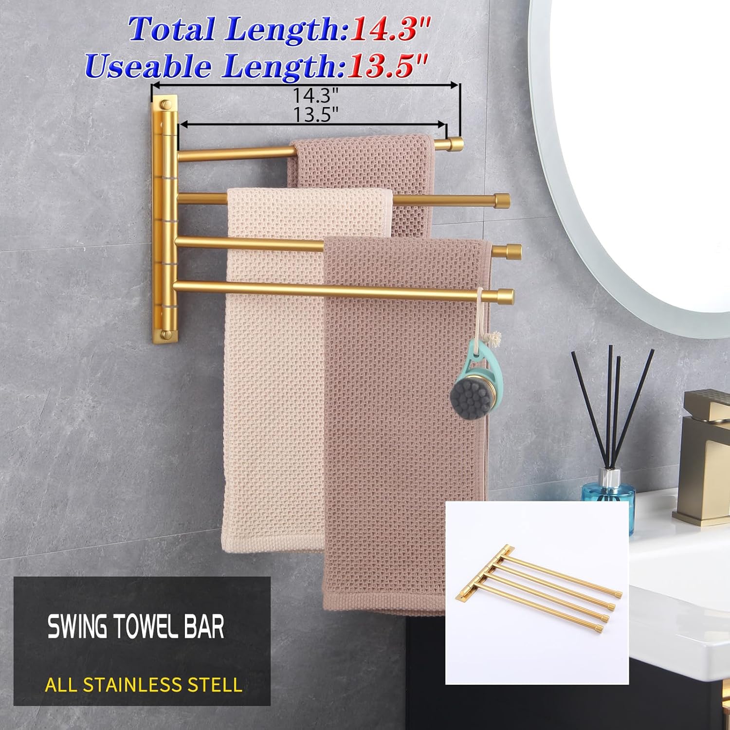 GERZWY Wall Mount Bath Towel Rack with 4 Arms Hanger Towel Holder Bathroom Swing Arm Towel Bars Organizer Stainless Steel Gold Finished HYG04-BE