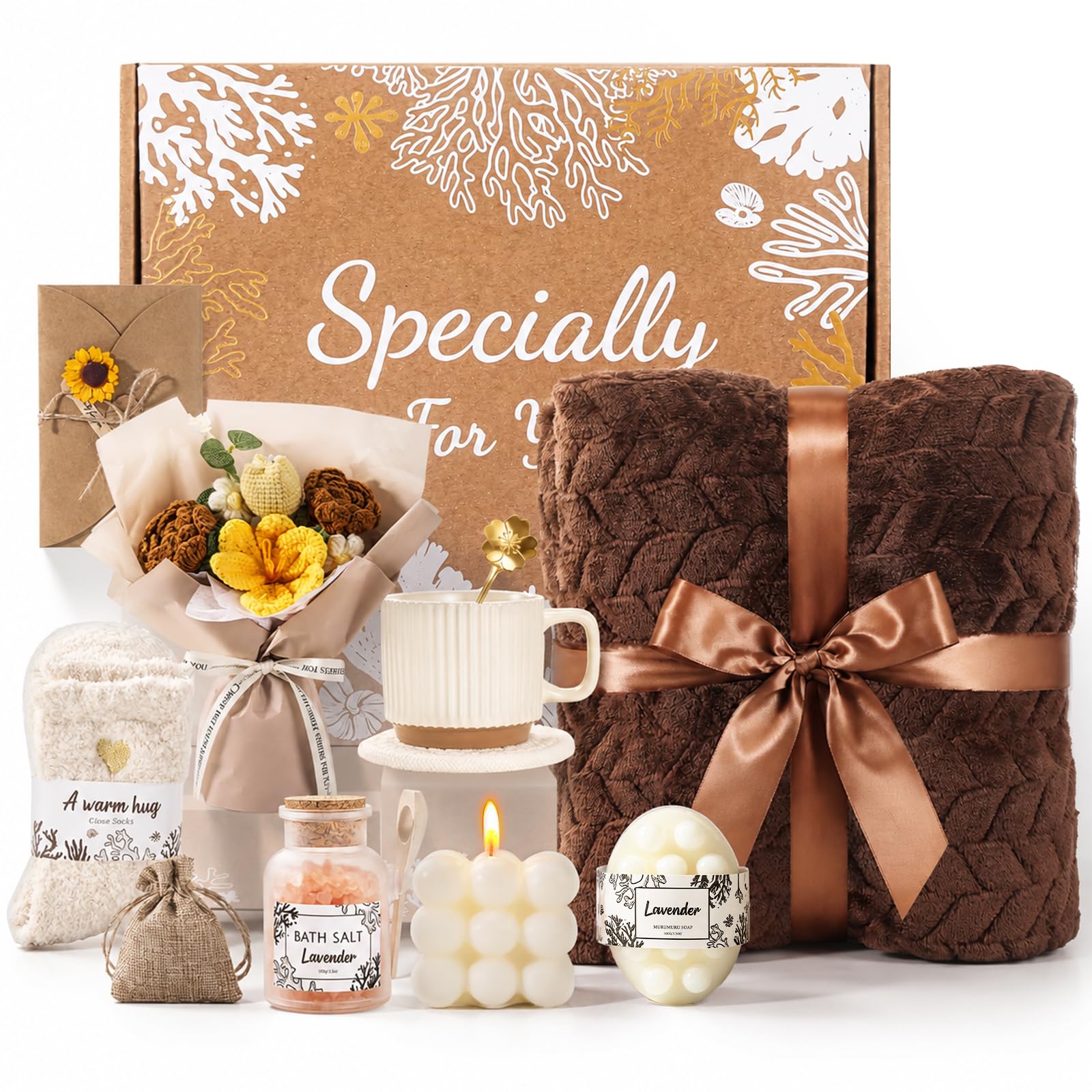 11PCS Handmade Crochet Flower Bouquet Spa Gift Basket for Women – Get Well Soon Birthday Care Package with Cozy Blanket & Scented Candle – Relaxing Christmas Gift, Mother‘s Day Gifts (Oatmeal)-image-44