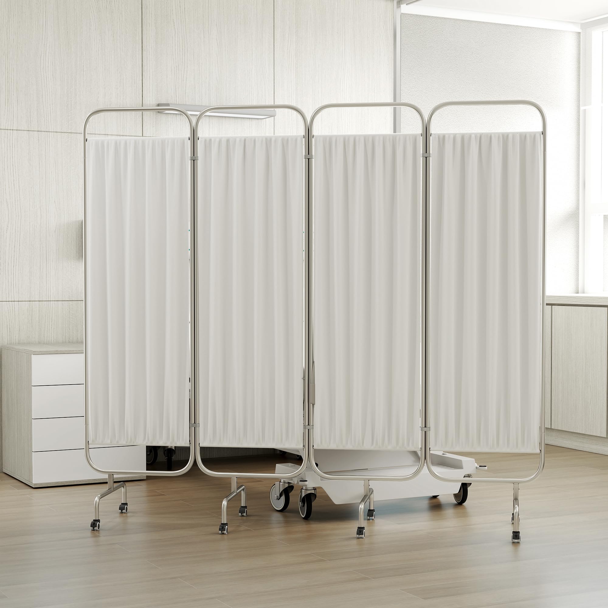 Brise-vue médical, 4 rideaux pliables de séparation de pièce sur roulettes 200 x 180 cm en acier inoxydable pour hôpitaux, maisons de retraite, station médicale temporaire