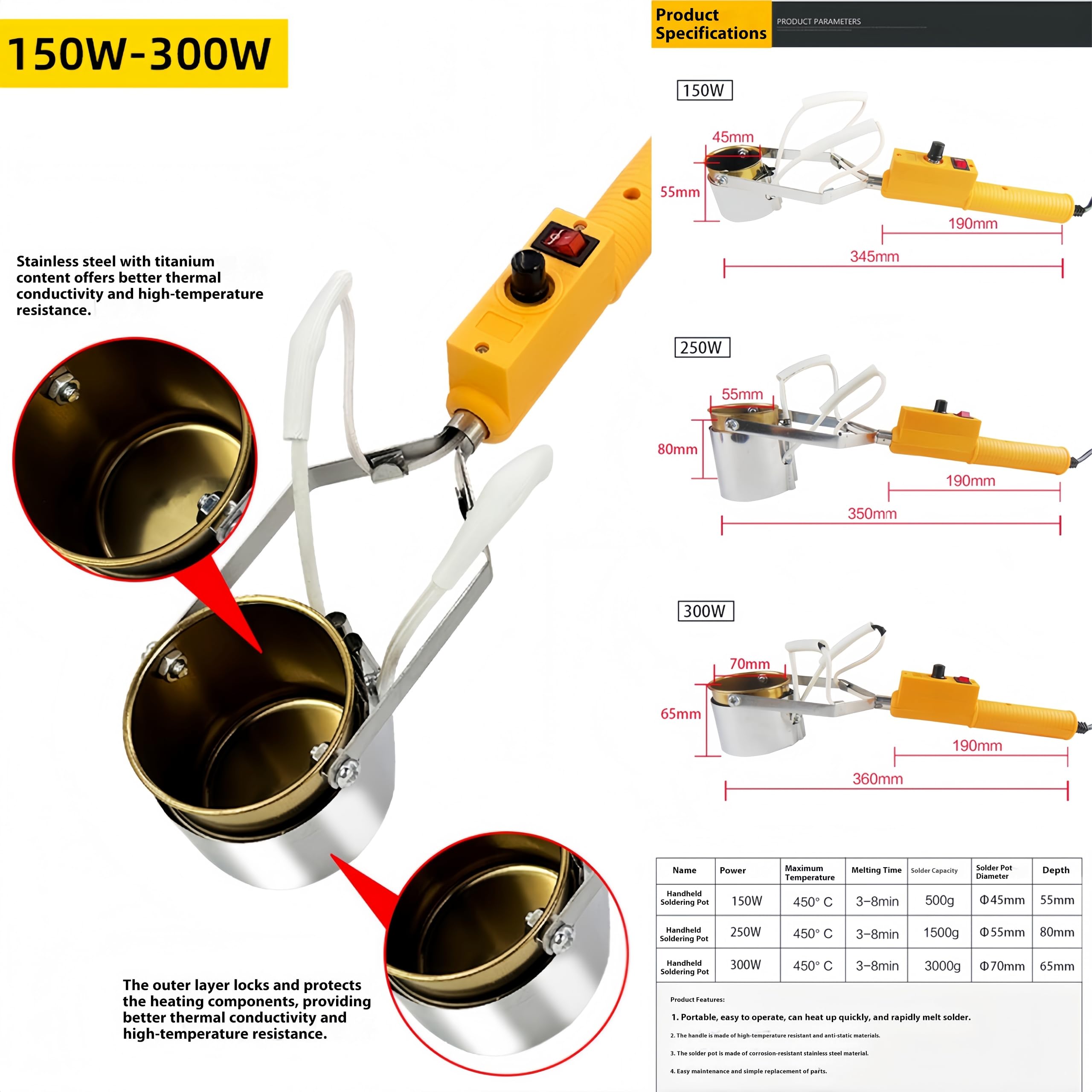 Pot de fusion de plomb portable, plage de température de 150 à 450 ℃, chauffage rapide en 3 à 8 minutes, idéal pour faire fondre l'étain, le plomb, la colle et la cire (350W)