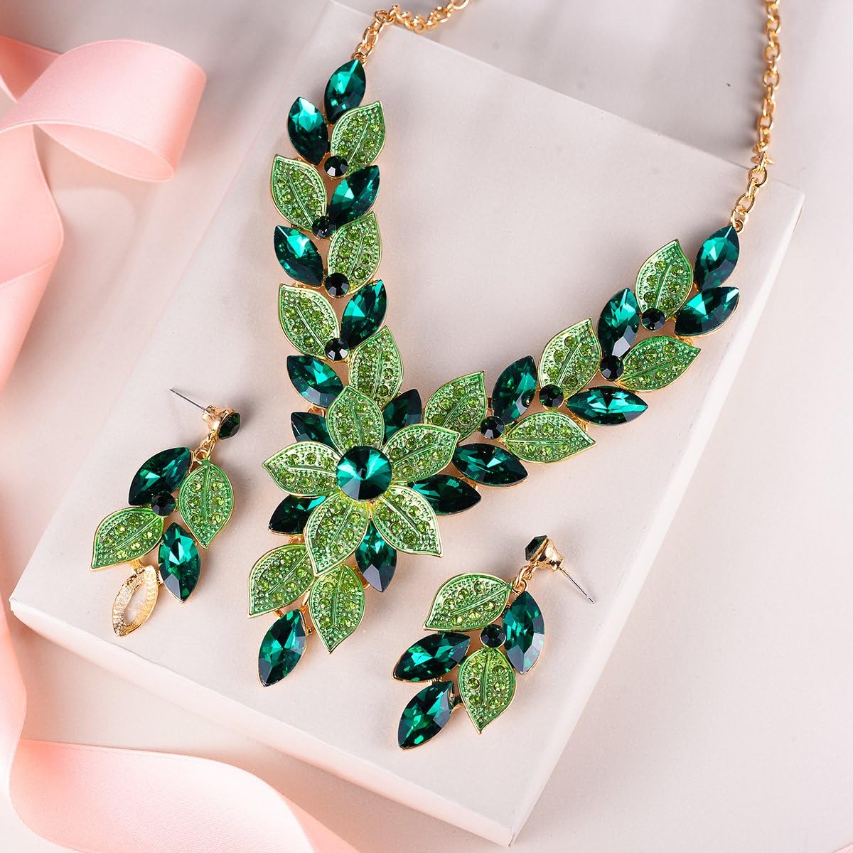 EVER FAITH Women's Crystal Elegant Bridal Cluster Flower Leaf Drop Necklace Earrings Set - Image 4