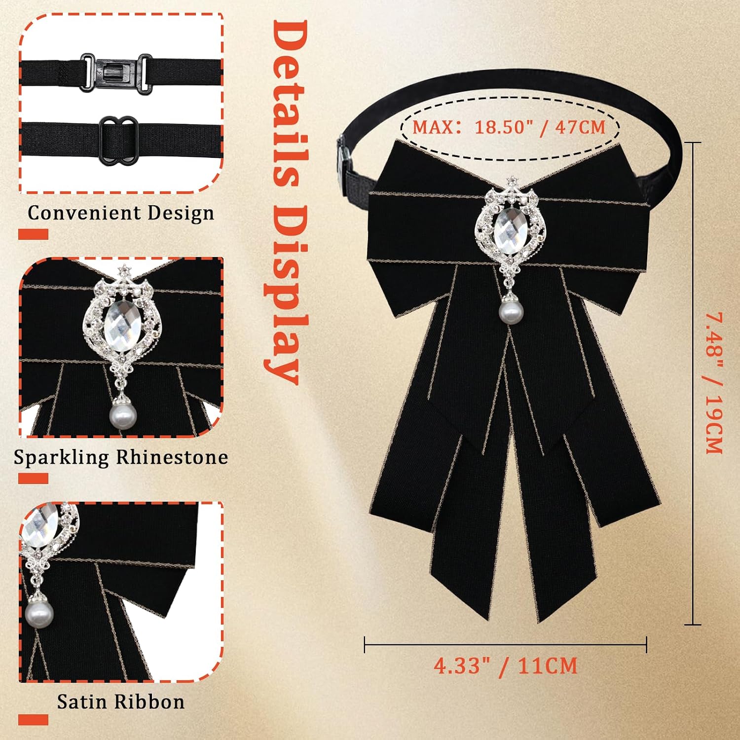 Rhinestone Bow Tie for Women and Girls, Adjustable Pre-tied Womens Bow Ties Sparkly Women's Bowtie for Party Uniform