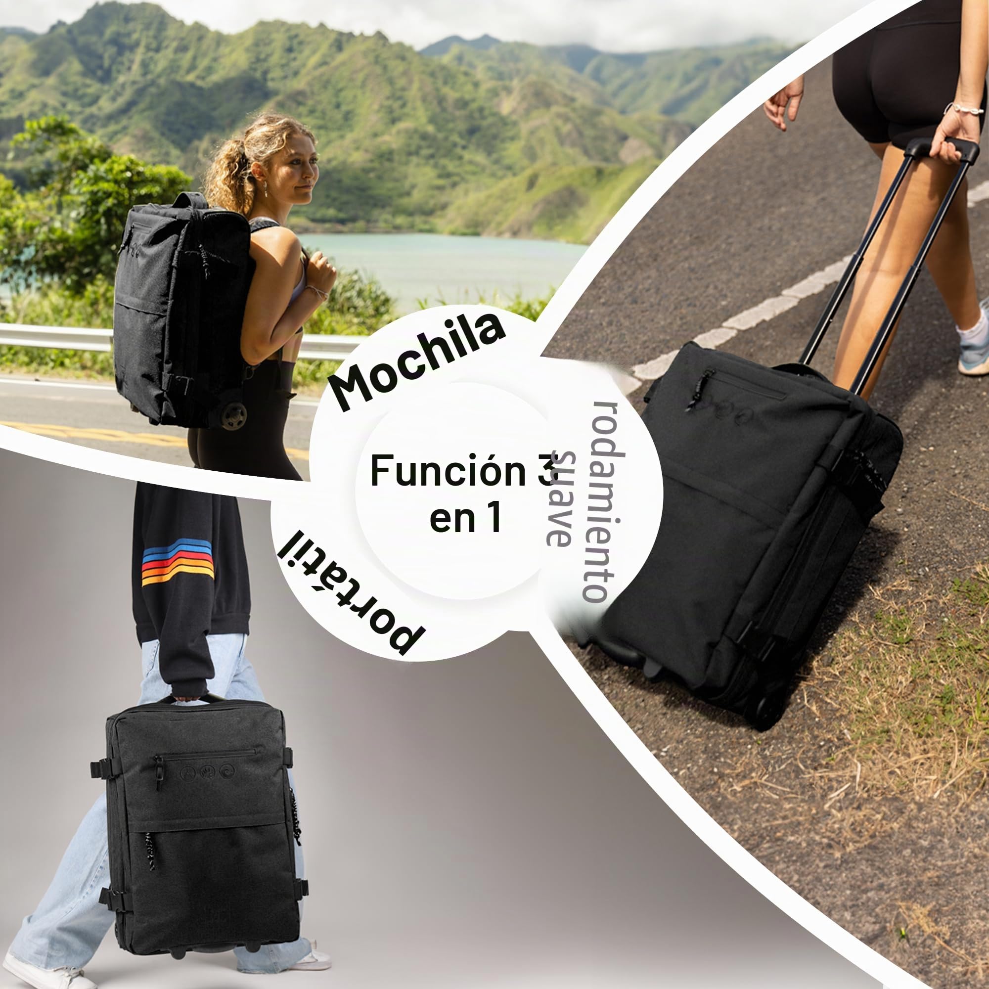 SONS OF ALOHA Mochila para mochileros con Ruedas 3 en 1 - Equipaje de Mano Kane Hybrid Backpack - Equipaje de Cabina con Ruedas, 55 x 40 x 20 cm - Pet Reciclado e Impermeable, Negro
