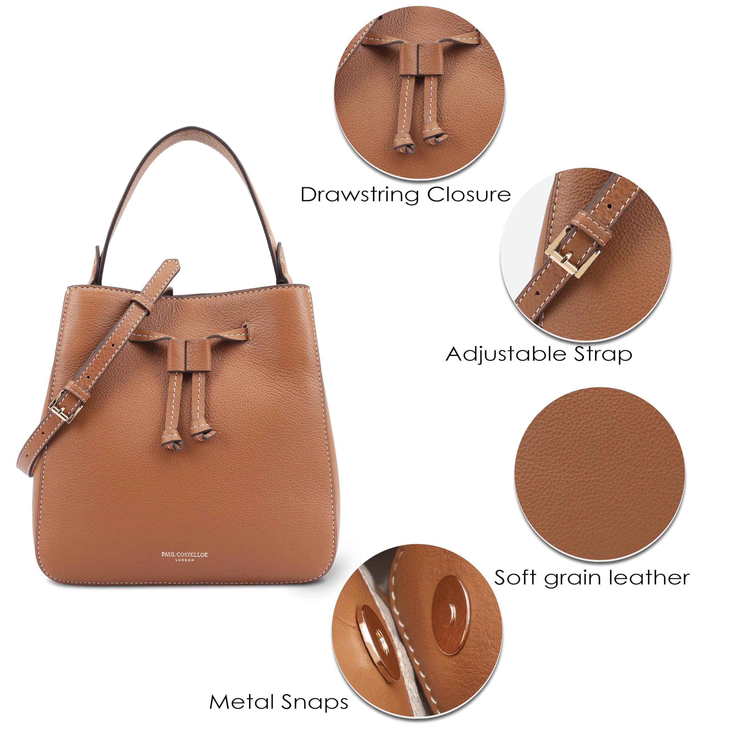 Paul Costelloe Echt Leder Multiway Bag Kordelzugtasche Damen Handtasche Vielseitige Stilvolle Handtasche mit 6 eleganten Farboptionen für jeden Anlass PEACE