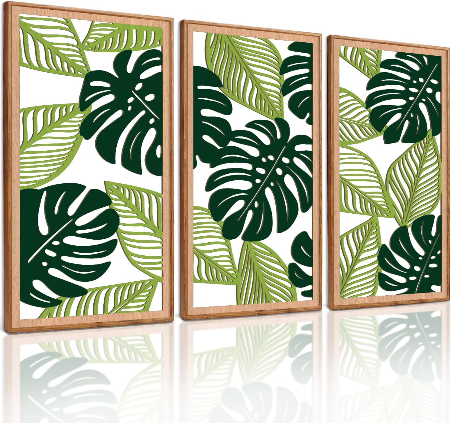 TOARTi 3PCS Framed Tropical Green Leaf Wooden Wall Art Set(16x32 inches), Botanical Palm Leaves Wall Sculptures, 3D Hollow Abstract Nature Wall Decor for Home Bedroom Living Room