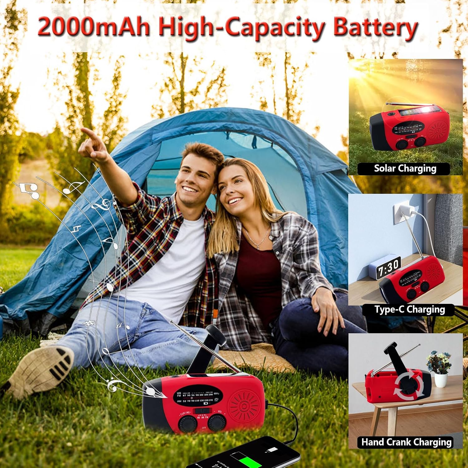 Emergency Hand Crank Radio with LED Flashlight, AM/FM NOAA Weather Radio | 2000mAh Portable Radio with SOS Alarm, USB-C Charged & SOS Alarm & Flashlight for Indoor/Outdoor Emergencies (Orange)