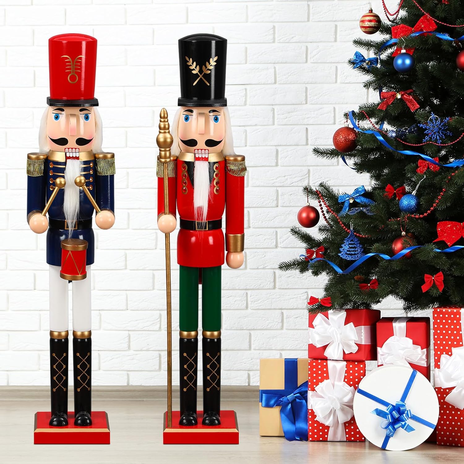 ( with one nutcracker broken hat ) 2 Pcs 32 Inch Large Christmas Nutcracker Outdoor Decoration Giant Xmas Wooden Nutcracker Figures Yard Sign Collectible for Porch Fireplace Indoor Outdoor Decorations(Knight)