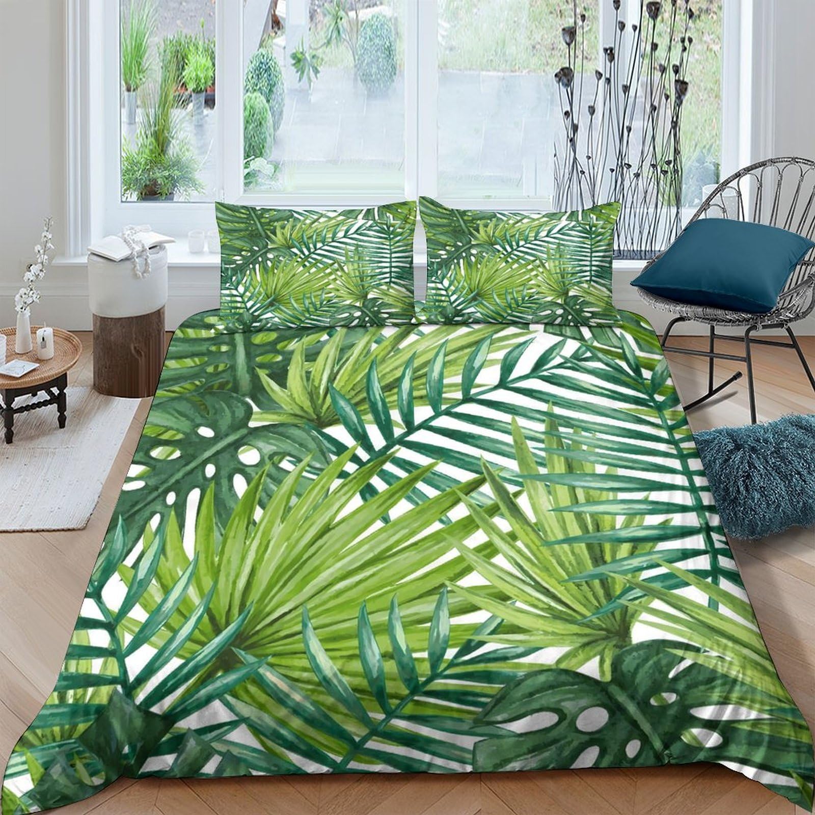 GPLZQXKJNH 3D Printed Tropical Palm Leaves Duvet Cover Microfiber Soft Breathable Jungle Bedding Set with 2 Pillowcases for Bedroom Decor Single（135x200cm）