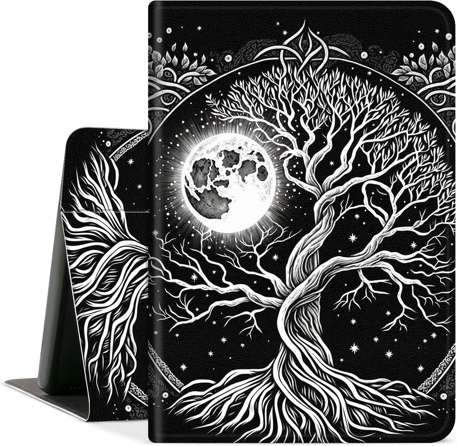 Case Fits Kindle Fire 7 Tablet (9th /7th /5th Gen, 2019 2017 2015),Premium PU Leather Multiple Viewing Angles Folding Stand Shell Cover Case with Auto Wake/Sleep,Tree in Moon
