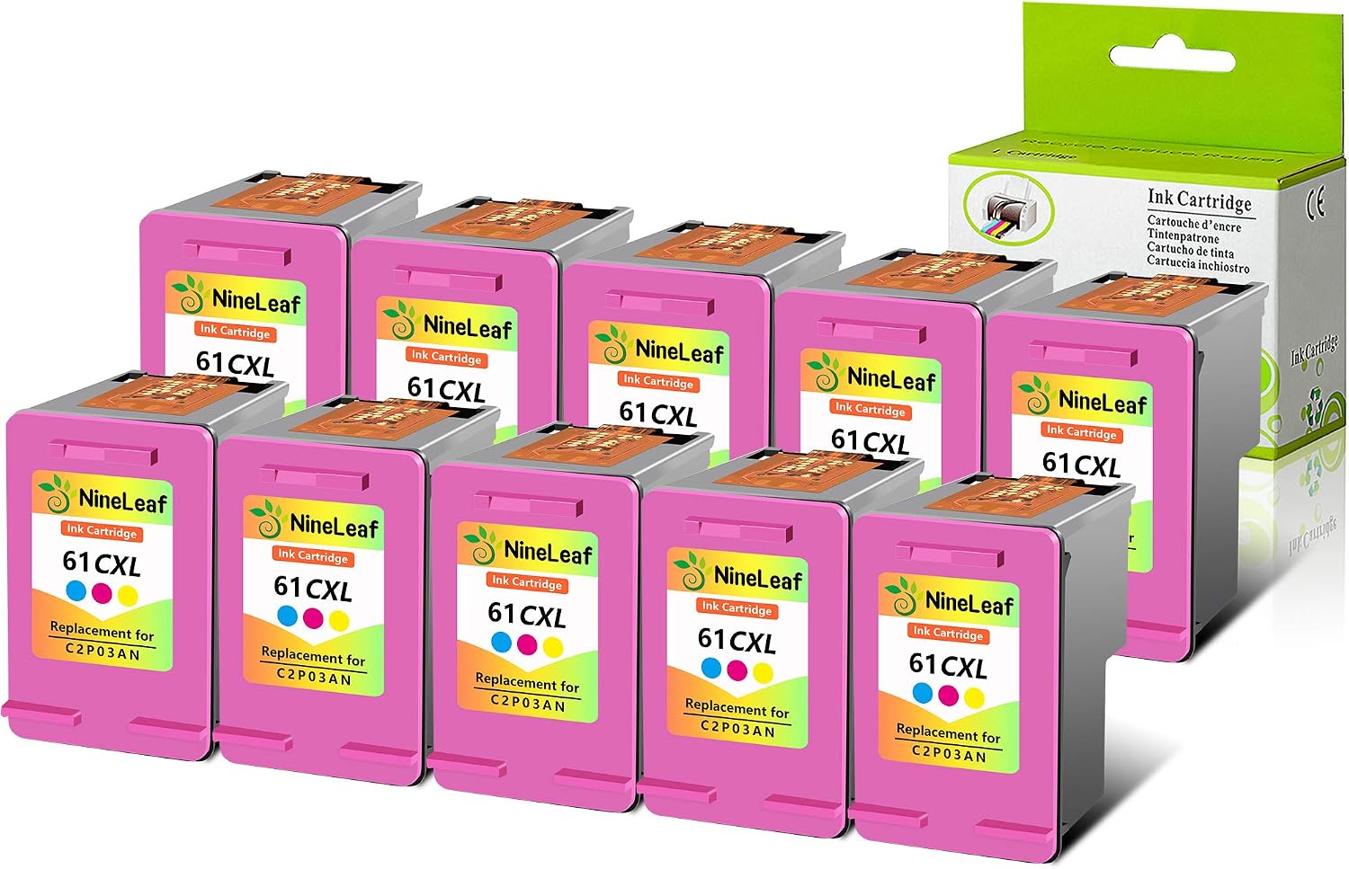 NineLeaf 10 Pack Remanufactured Tri-Color Ink Cartridge Compatible for HP 61XL 61 XL CH564W Use with Envy 4500 5530 Officejet 4630 2620 Printer