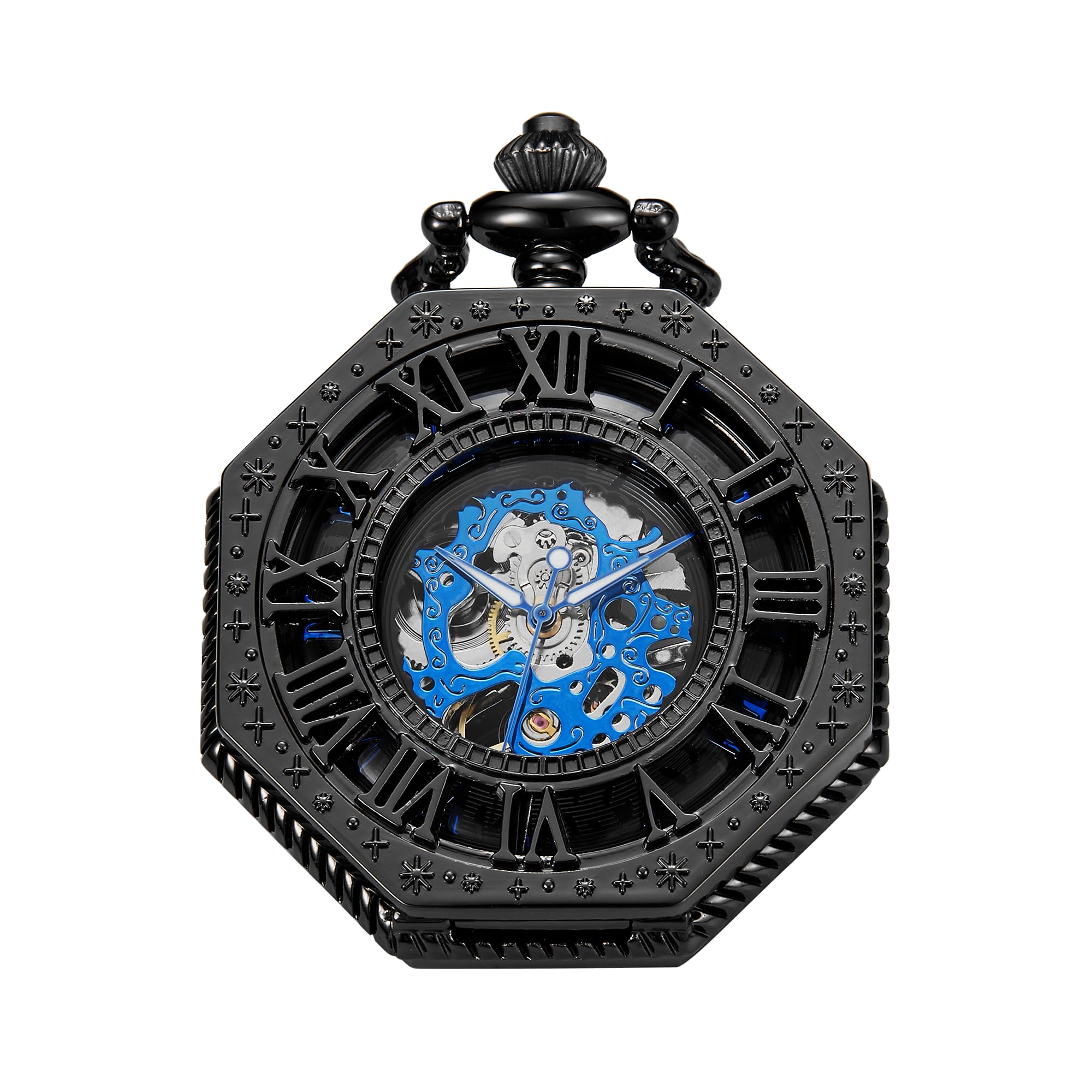 Tiong Reloj de bolsillo mecánico octogonal con diseño de cubierta romana negra, movimiento mecánico para hombre, esfera de números romanos, reloj de bolsillo de apertura única, PWM26, Moda