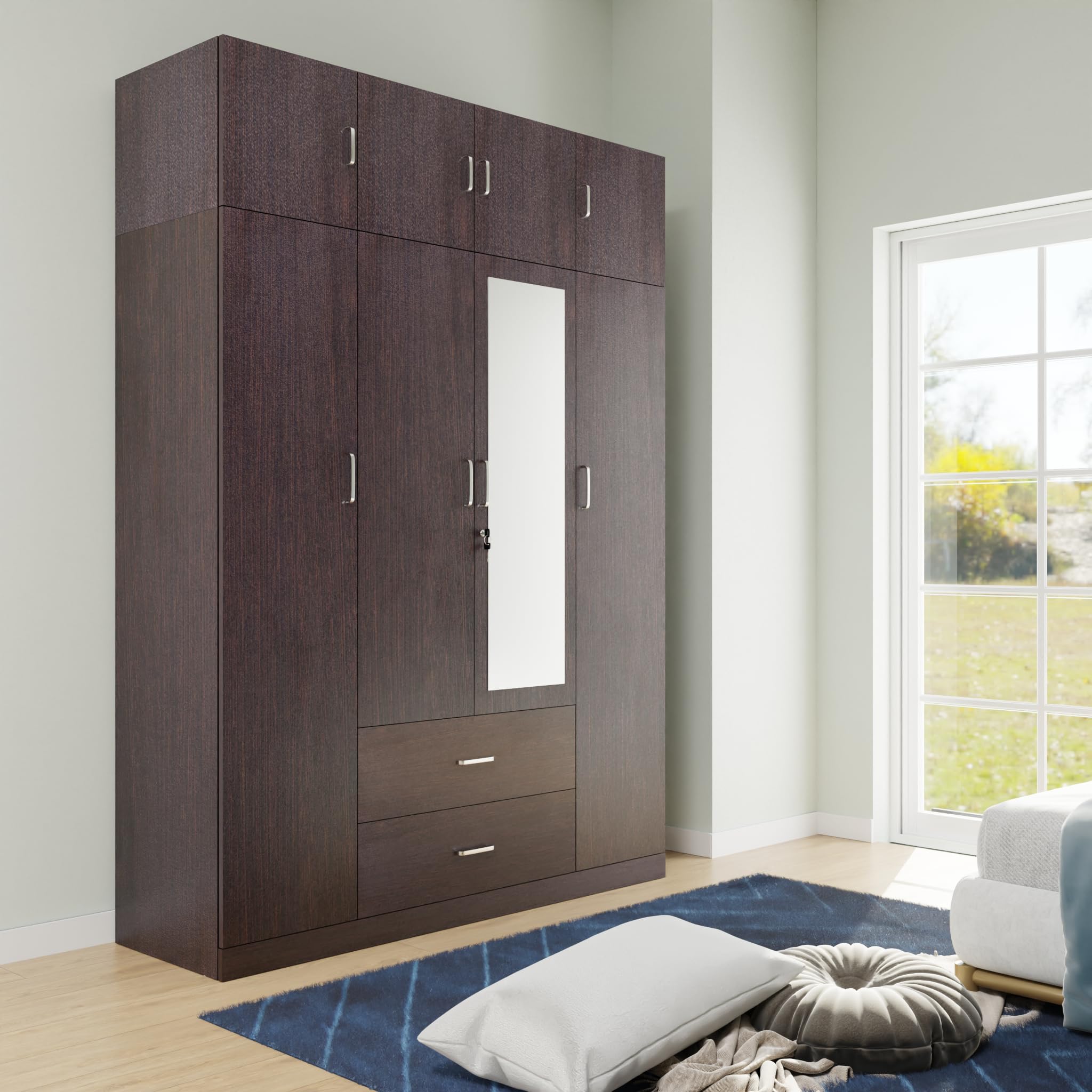 Wardrobe | Wooden Almirah for Clothes,Door for Bedroom with Loft, 4 Door Wardrobe with Drawer, Mirror & Hanging Space (Dark Wenge - 40D x 160W x 220H) | 1 Year Warranty | Free Assembly