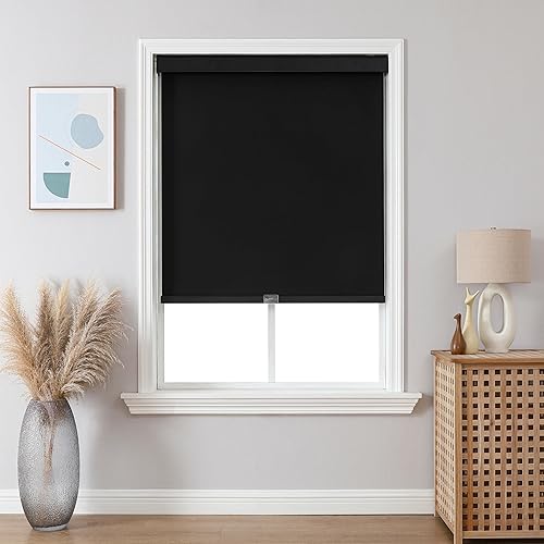 Joydeco 100% Blackout Roller Shades Cordless Blinds for Windows, Free-Stop Shades, UV Protection, Natural Woven Blinds for Home and Office, Light-Proof Aluminum Cover (Black, 52" W x 75" H)