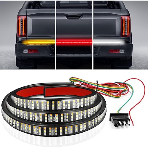 Livtee Truck Tailgate Light Bar, 60" Triple Row LED Brake Light Strip with Red Brake/White Reverse/Sequential Amber Turning Signals, Light Bars for Trucks, Truck Accessories for Men- IP68 Waterproof