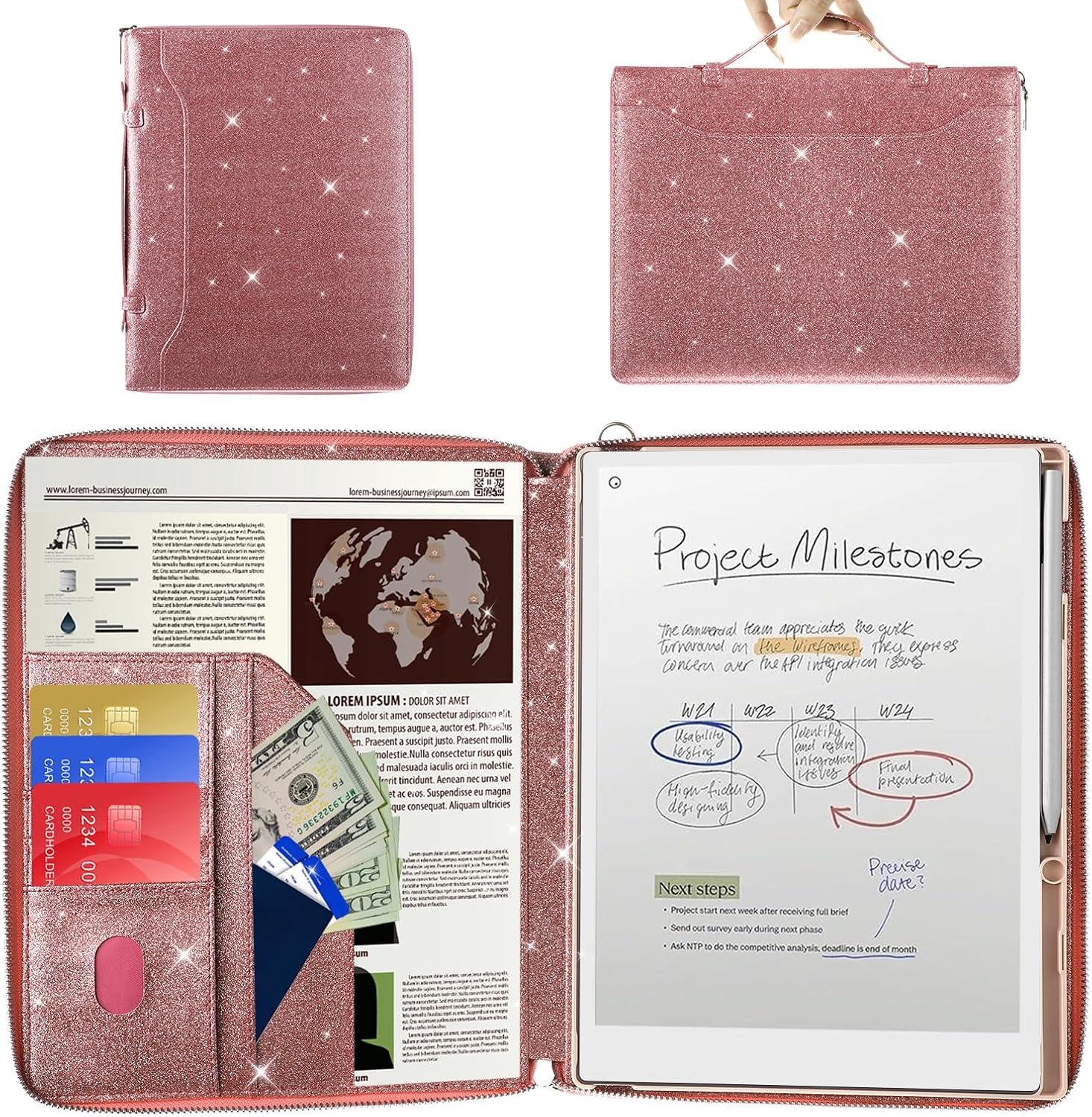 E NET-CASE Glittering PU Leather Case for Remarkable Paper Pro Tablet 11.8" (2024 Released), Business Handheld Design Cover for Remarkable Pro Digital Paper with Pen Holder (Starry Night Pink)