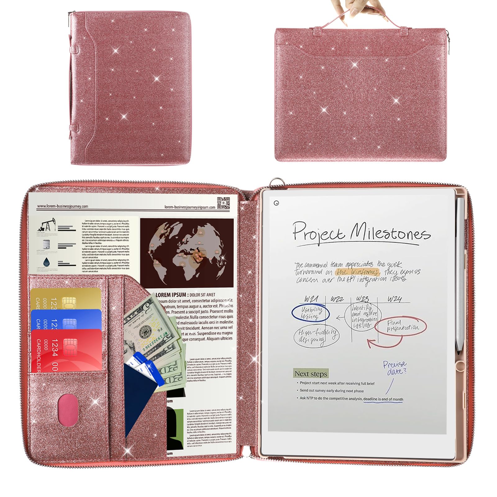 E NET-CASE Glittering PU Leather Case for Remarkable Paper Pro Tablet 11.8" (2024 Released), Business Handheld Design Cover for Remarkable Pro Digital Paper with Pen Holder (Starry Night Pink)