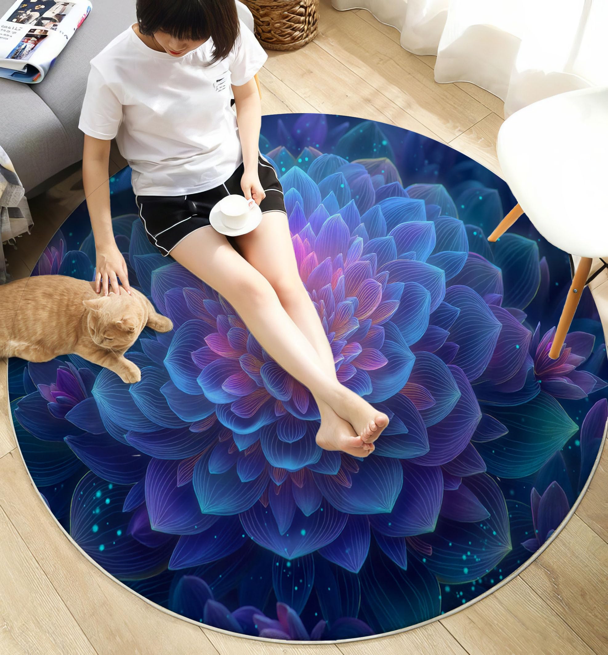 Néon Mandala Tapis Rond Salon 180cm, Art Psychédélique Abstrait Antidérapant Poils Courts Tapis De Sol Ronds Décoration, pour Salon Chambre Cuisine Balcon Terrasse, Bleu