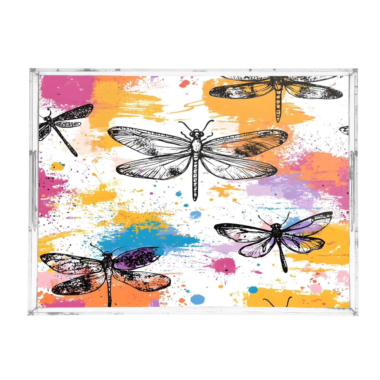 BOESI Graffiti Dragonfly Pattern Acrylic Decorative Dining Tray, Acrylic Decorative Tray Organizer with Handle for Kitchen, Dining Room, Bathroom, Dresser
