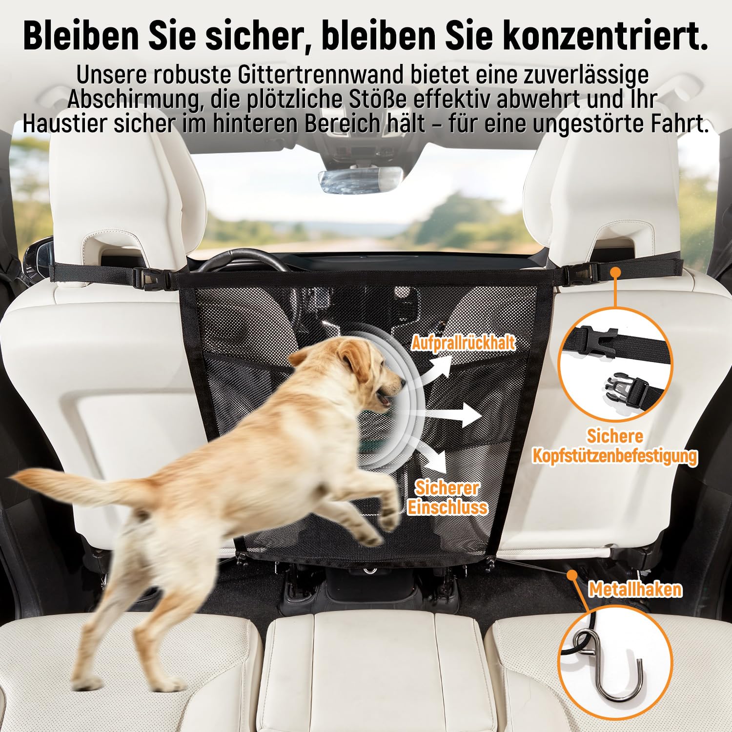 GGW Hundegitter Auto für Vordersitz mit Taschen Universal Absperrung Netz