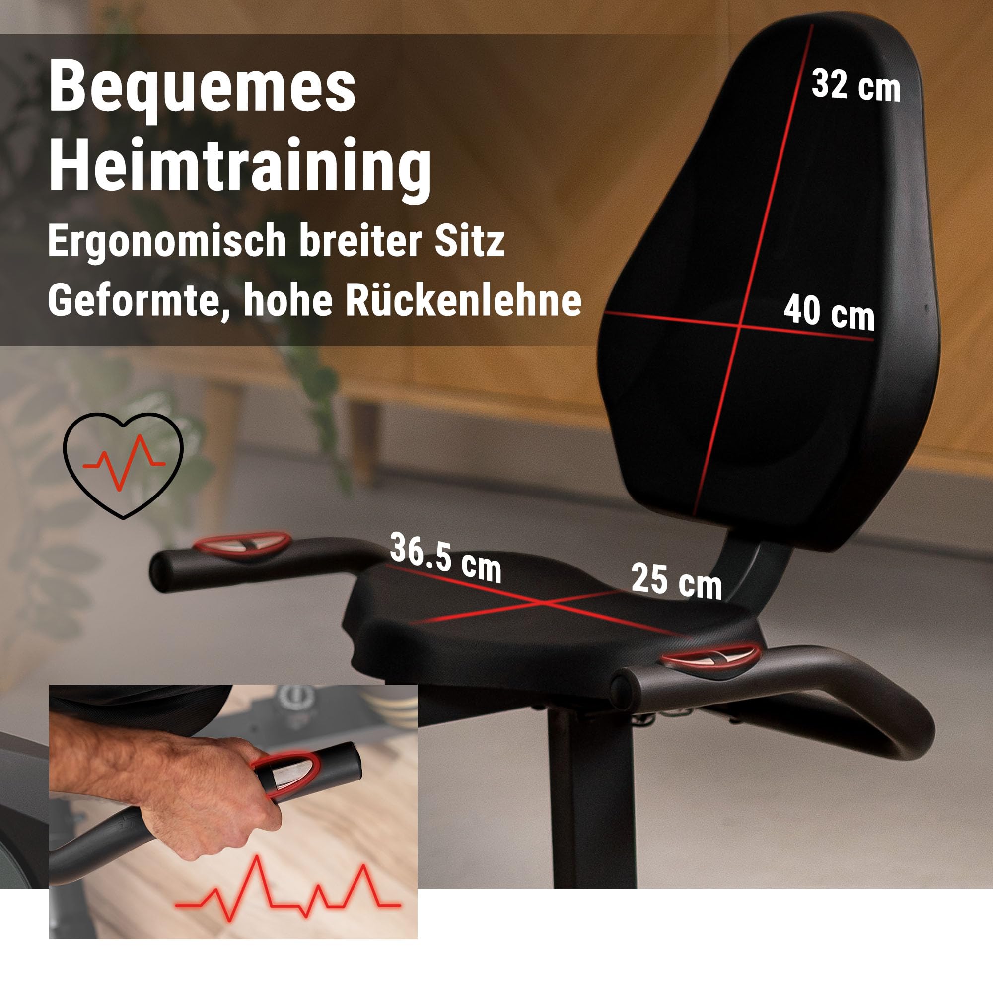 Hop-Sport Root Liegeergometer - Liegeheimtrainer mit Handpulssensoren, 9,5 kg Schwungmasse, 8 Widerstandsstufen - Sitzergometer max. Benutzergewicht 120 kg